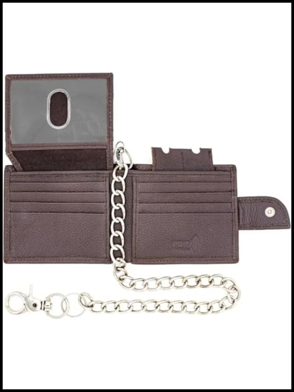 Men's Genuine Leather Bifold Wallet RFID Blocking with Stainless Chain and ID